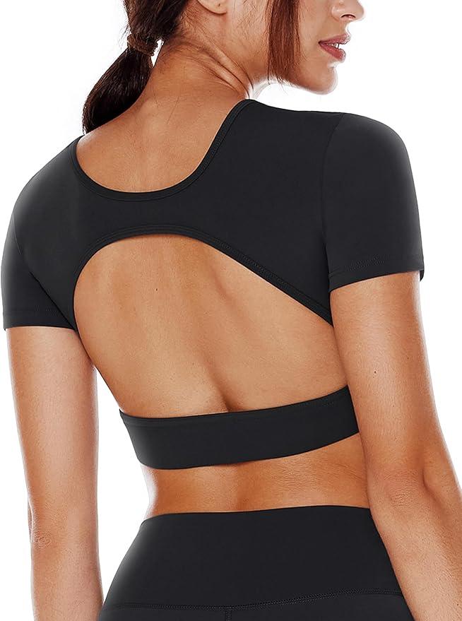 Open Back Workout Crop Tops for Women Backless Yoga Shirts Gym Short Sleeve Mild Support Compression Tee with Bra M