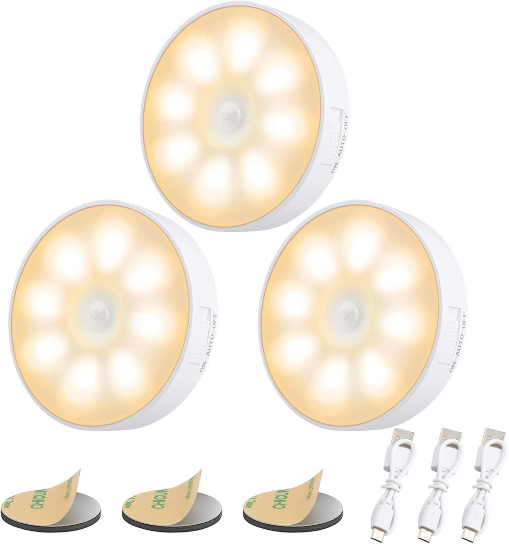 3 Pack Motion Sensor Light, 8 LEDs Rechargeable Night Light, with USB Cable & Magnetic Patch, 3 Modes, Cordless Safe Wall Light for Kitchen, Bookshelves, Drawers - 3000K Warm White