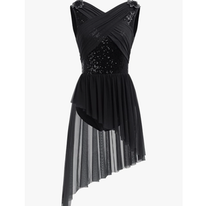AFAVOM Women's Lyrical Dance Costume Sequin Flower Lyrical Dress Asymmetric Flowy Tulle Skirt Contemporary Dance Costumes, XS