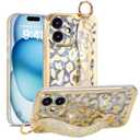 PHOQOYO for iPhone 13 Wrist Band Kickstand Cover Case Cheetah Print Ultra Slim IMD Shockproof Protection Holder Cover Case for Apple iPhone 13 6.1-inch (Leopard Skin Pattern)