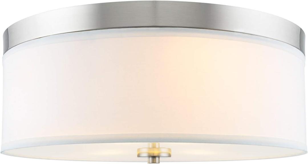 Kira Home Walker 15" Mid-Century Modern 3-Light Flush Mount Ceiling Light, White Fabric Shade + Round Glass Diffuser, Brushed Nickel Finish