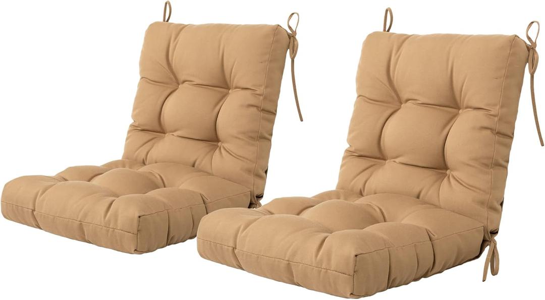 ARTPLAN Seat/Back Outdoor Chair Cushion, Patio Chair Cushion with Tie, Tufted Patio Cushion Replacement, Set of 2, (2 Pack) (Light Brown)