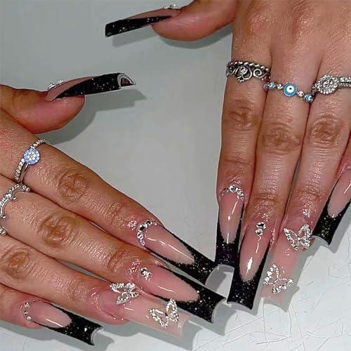 Aegenacess Press On Nails - Square Nude Fake Nails, Extra Long Luxurious Glue On With 3D Butterfly & Rhinestone Gems, Black French Stick On, 24PCS in 12 Sizes