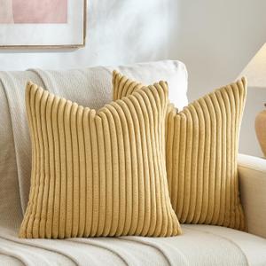 Fancy Homi Set of 2 Mustard Yellow Boho Decorative Throw Pillow Covers 20x20 Inch for Bedroom Couch Bed, Soft Fuzzy Cozy Striped Corduroy Cushion Case, Bohemian Home Decor, Bohemian Fall Home Dcor