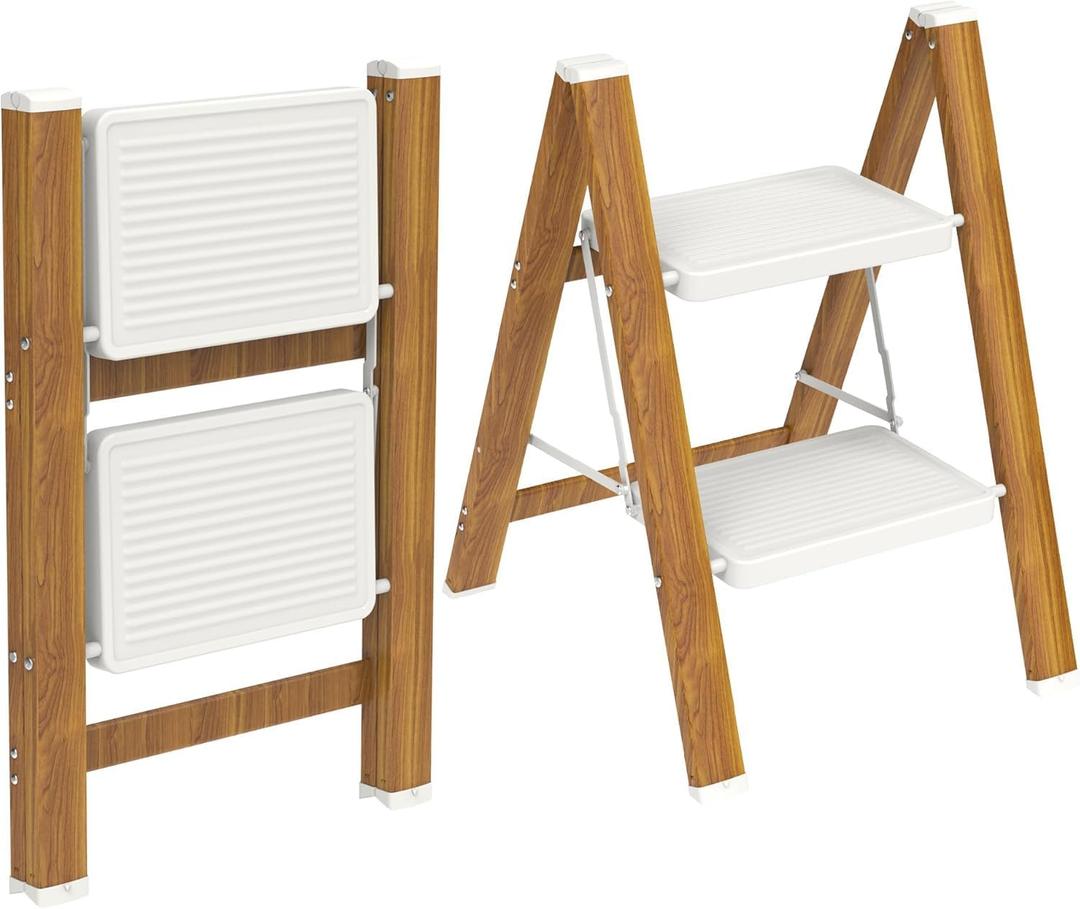 HBTower Step Ladder,Lightweight Aluminum Folding Step Stool with Anti-Slip Wide Pedal,330lbs Capacity Step Ladder for Household,Kitchen,Office - WhiteWoodgrain