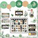 Janlaugh Greenery Classroom Calendar Bulletin Board Set with 3D Paper Fans Plant Eucalyptus Calendar Seasons Weather Chart Classroom Decor for Back to School Blackboard Home Wall Decoration