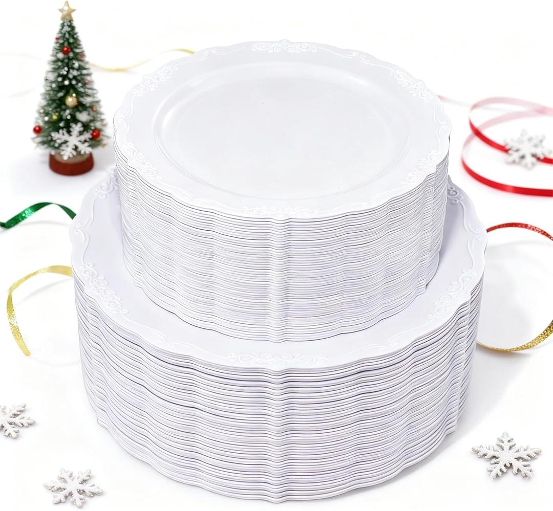 U-QE 100 Pieces White Plastic Plates - White Disposable Plates - Premium Hard Plastic Disposable Plates for Christmas and Party Use Including 50 Dinner Plates 10 '' & 50 Dessert Plates 7.5 ''
