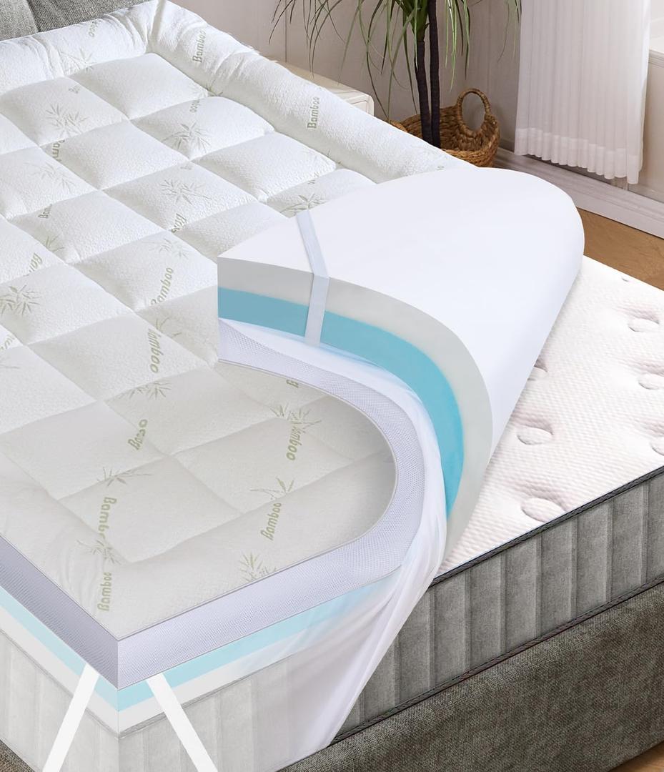 Fracho 4 Inch Queen Memory Foam Mattress Topper, Dual Layer Design with 2" Bamboo Rayon Pillow Top & 2" Cooling Gel Memory Foam, CertiPUR-US Certified Medium-Firm Bed Topper for Pressure Relief, Green-Queen