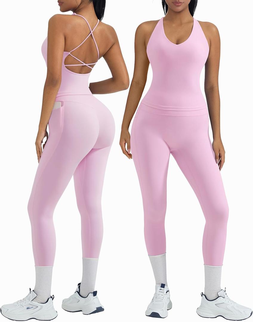 OMKAGI 2 Piece Workout Sets for Women Padded Workout Tops Booty Leggings with Pockets Gym Sets (Large, Light Pink)