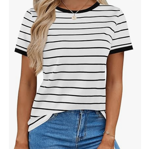 LilyCoco Women's Short Sleeve Striped Shirt Summer Crewneck T Shirt Basic Tops, Small