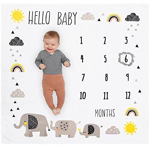 Organic Baby Monthly Milestone Blanket for Boy or Girl with Month Marker - Elephant Milestones Blanket, 1-12 Months, Gender Neutral, 47" X 47"
