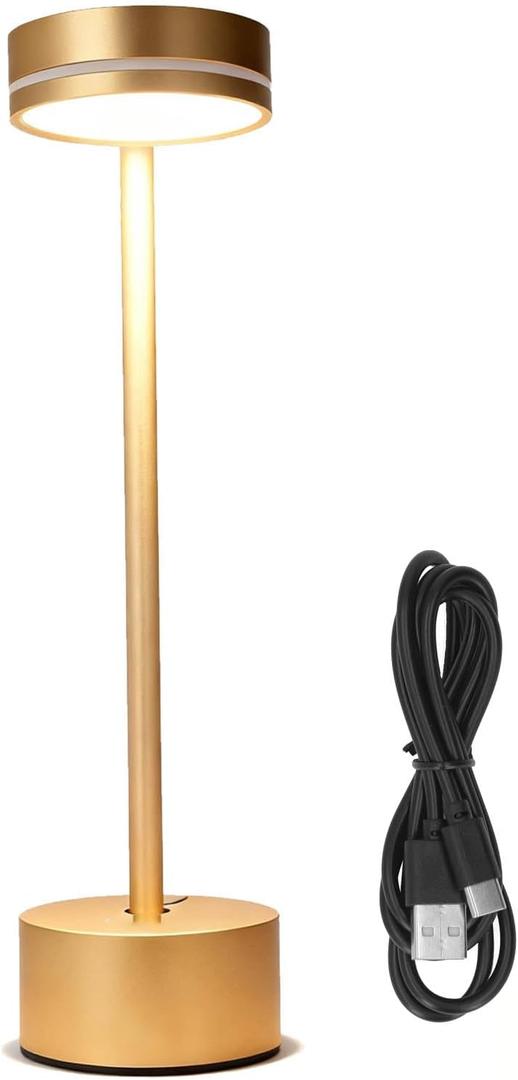Cordless Table Lamps, 3 Color Rechargeable Lamps Dimmable Touch Bedside Lamp Battery Operated Lamp for Bedroom, Dining Room (Gold)