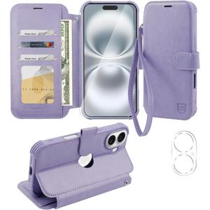 VANAVAGY Compatible for iPhone 16 Plus Wallet Case, PU Leather Flip Cover with Wrist Strap RFID Blocking Card Holder for Wireless Charging, [Screen Protector & Camera Cover], Clove Purple