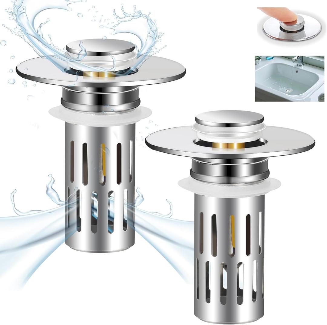 2 Pack Bathroom Sink Stopper for 1.06-1.50in, Universal Bathroom Sink Drain Pop Up Stopper for US Stainless Steel Floor Drain Filter, Universal Drain Filter with Hair Strainer(Silver)