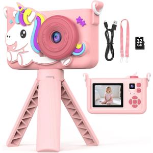 Kids Camera for Girls with Tripod & 32GB Card, 1080P HD Toddler Digital Video Camera, Portable Travel Toy Best Birthday Festival Gifts for Girl 3 4 5 6 7 8 9 10 Year Old (Pink)