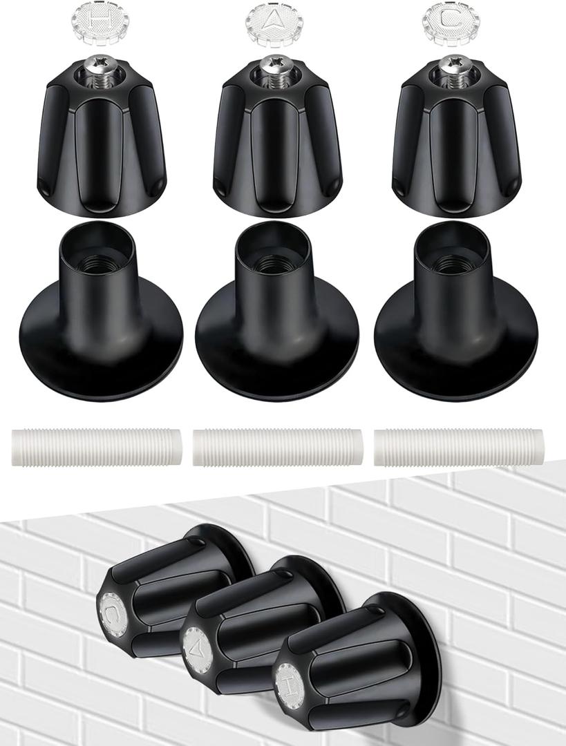 3 PCS Metal Shower Knob Replacement, Tub Faucet Handle with Hot/Cold/Diverter/Flange Base, Bathtub Knob Compatible with Price Pfister Verve Fits 5-1/2''H,12 Tooth Broach Stem (Black)