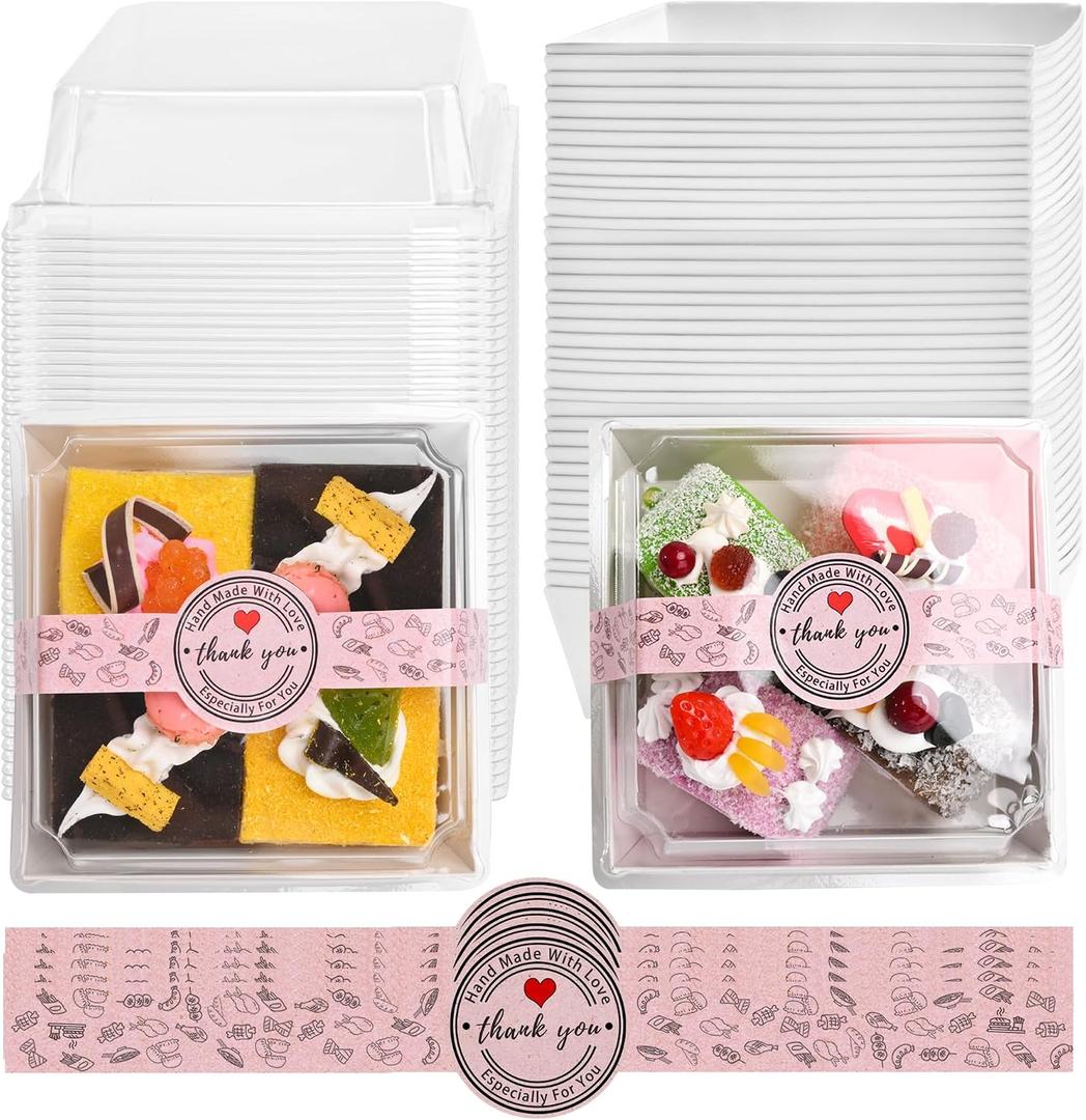 TECARATE Paper Charcuterie Boxes with Clear Lids and Stickers - 50 SETS 4 Inches Square Disposable Food Containers Bakery Boxes for Bakery, Macaron, Sandwich, Slice Cake, Cookies, Hot Cocoa Bombs