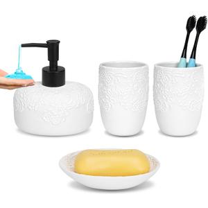 Bathroom Accessories Set, 4pcs Ceramic with Embossed Design Look Sets Bathroom Soap Dispenser 13.5oz & 2Pcs Ceramic Cup, 1Pcs Soap Dish