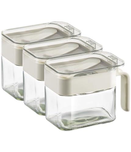 DAHUITX Condiment Jar Spice Container, Sugar and salt container set，Glass Seasoning Box with Spoon Dustproof Lid and Handle,for Kitchen, Counter,Food Storage,10oz Set of 3(grey)