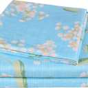 JSD Blue Floral Printed Sheet Set King Size, 4 Piece Soft Pattern Microfiber Sheets Extra Deep Pocket (Sakura)