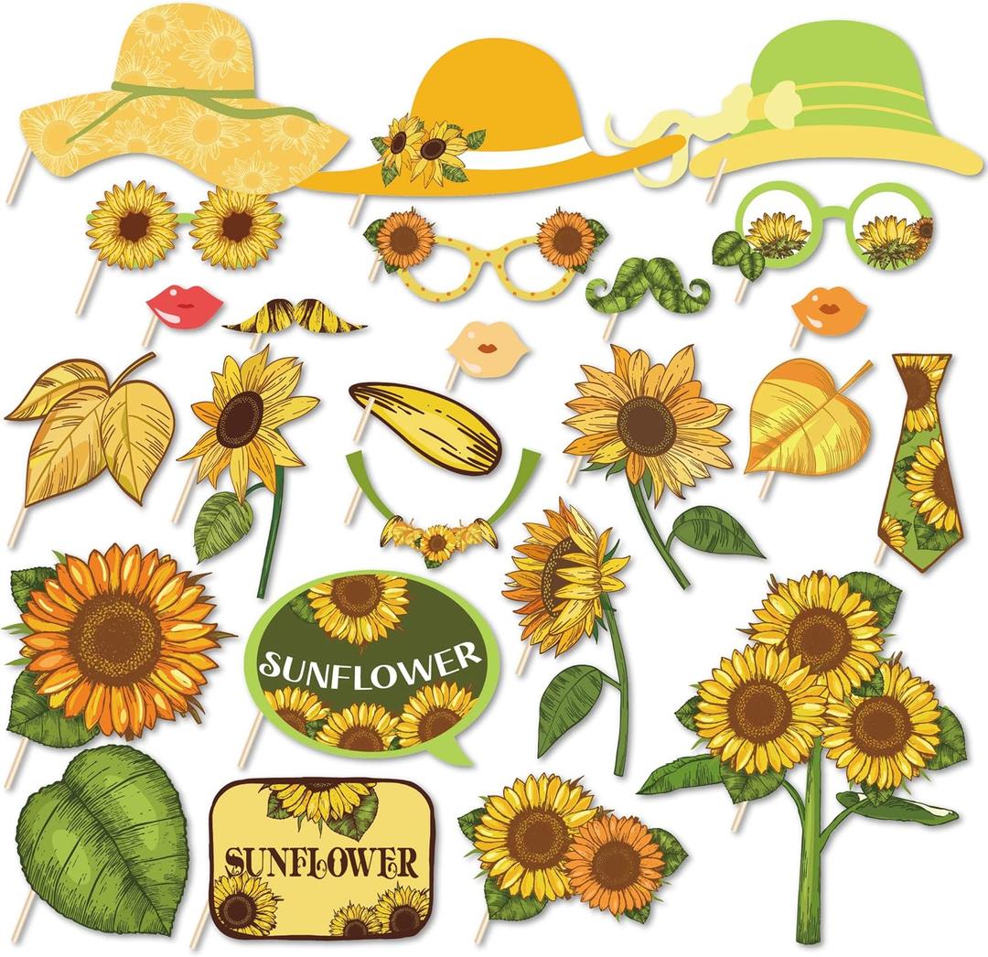 25Pcs Sunflower Photo Booth Props with Stick, Yellow Sunflower Theme Selfie Props, Autumn Fall Birthday Party Supplies, Photography Backdrop Decorations