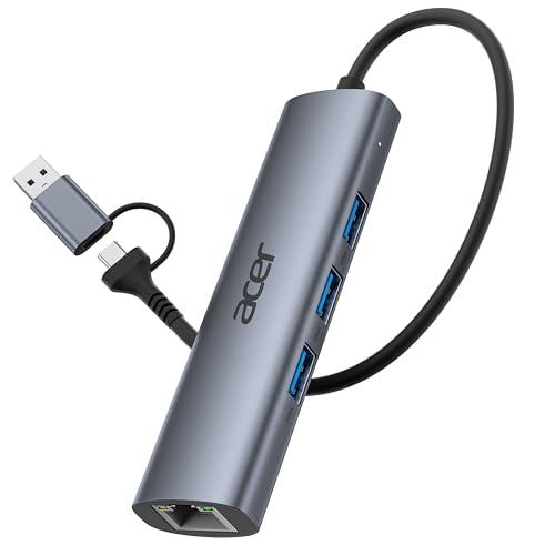 Acer USB to Ethernet Adapter, USBC Hub Ethernet 1Gbps with 3*USB 3.0, Aluminum Heat Dissipation, Driver Free, USB to Network Adapter for Windows 10, 8.1, Mac OS, Laptop, MacBook Pro, iPad, XPS, etc