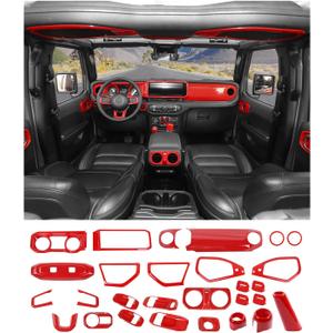JWWY Interior Trim Kit Dress-Up Kit Decor Set Center Console Gear Shift Dashboard Panel,Door Window Switch Knob Speaker Cover Trim for 20242026 Jeep Wrangler JL JLU & Gladiator JT Red 28pcs