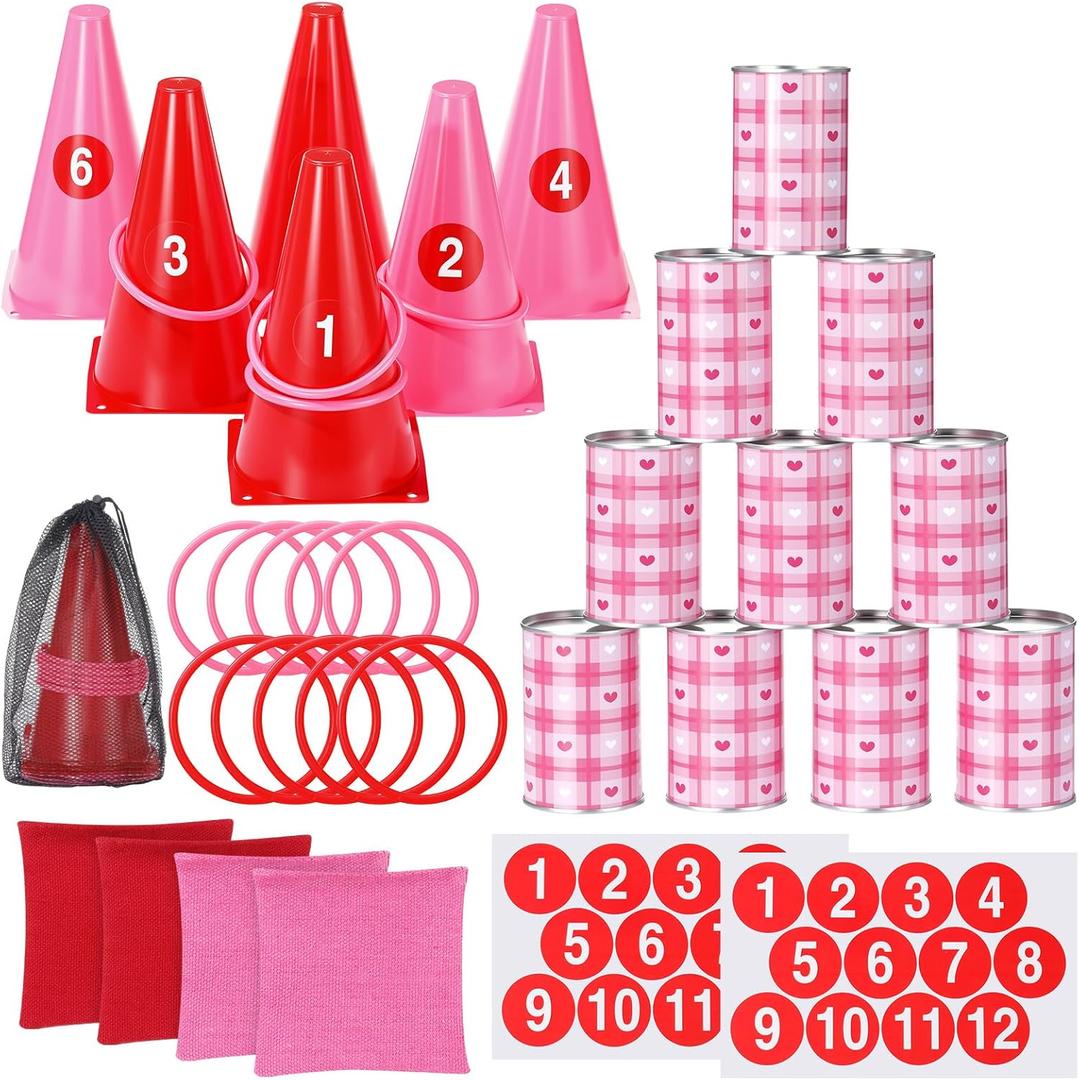 33 Pcs Valentine's Day Carnival Game Set for Adult, 4 in 1 Bean Bag Toss Can Plastic Cone Backyard Ring Toss Game for Indoor Outdoor Carnival Party and Family Gatherings