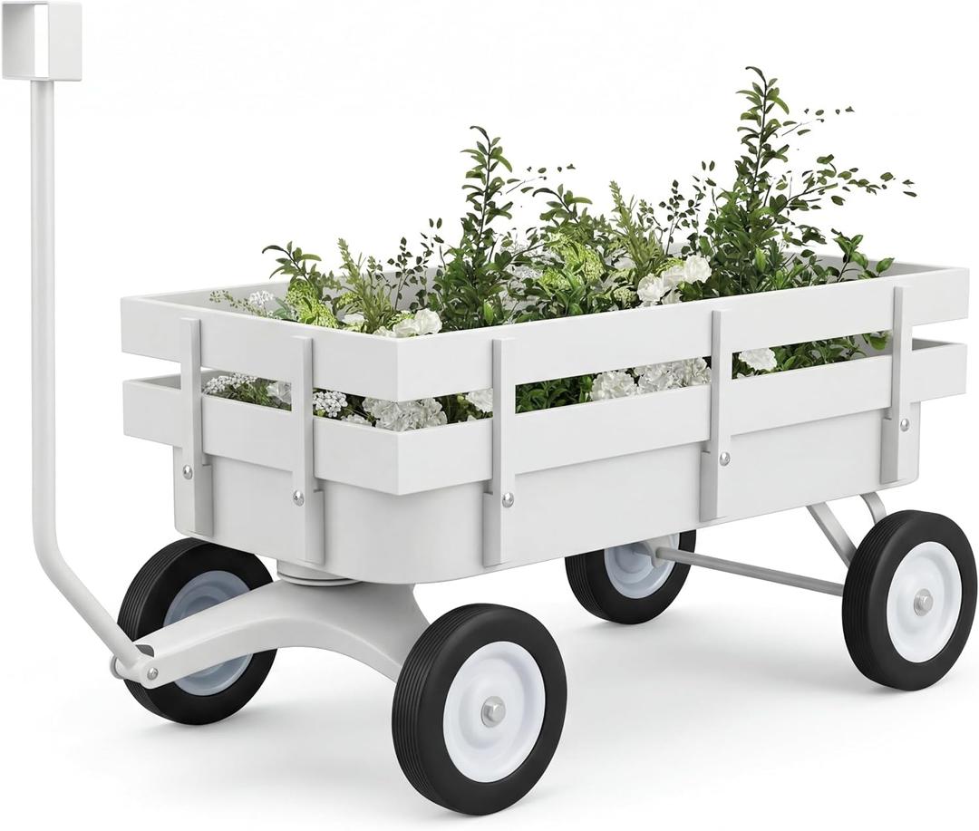 All-Terrain White Wagon Cart for Wedding Flower Girls, Heavy Duty Steel Utility Garden Cart with Handle and Removable Wooden Side Panels (White)