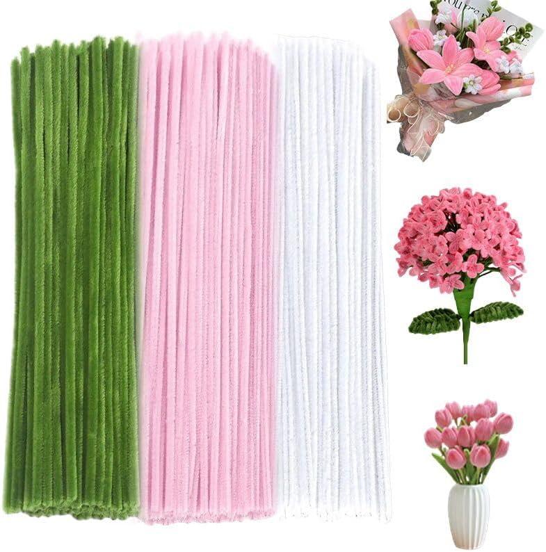 300 Pcs Thick Pipe Cleaners Craft Supplies 3 Assortment Pastel Pink,White,Green Color Chenille Stems for Art and Craft Projects Creative DIY Decorations,Gifts for Mom (Lily color-300pcs)