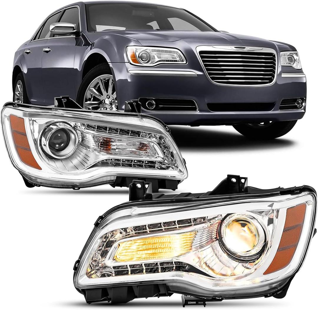For 2011-2023 Chrysler 300/300C Headlight Assembly Halogen Chrome w/Amber Headlamp Replacement Pair set For 11-23 Chrysler 300/300C