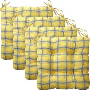 Geetery Outdoor Plaid Chair Cushions with Ties for Dining Chairs Scottish Plaid Decorative Seat Cushions for Kitchen Patio Home Living Room, 15 x 16''(4 Pcs,Yellow and Blue), 16.14 x 14.96 x 3.15 inches