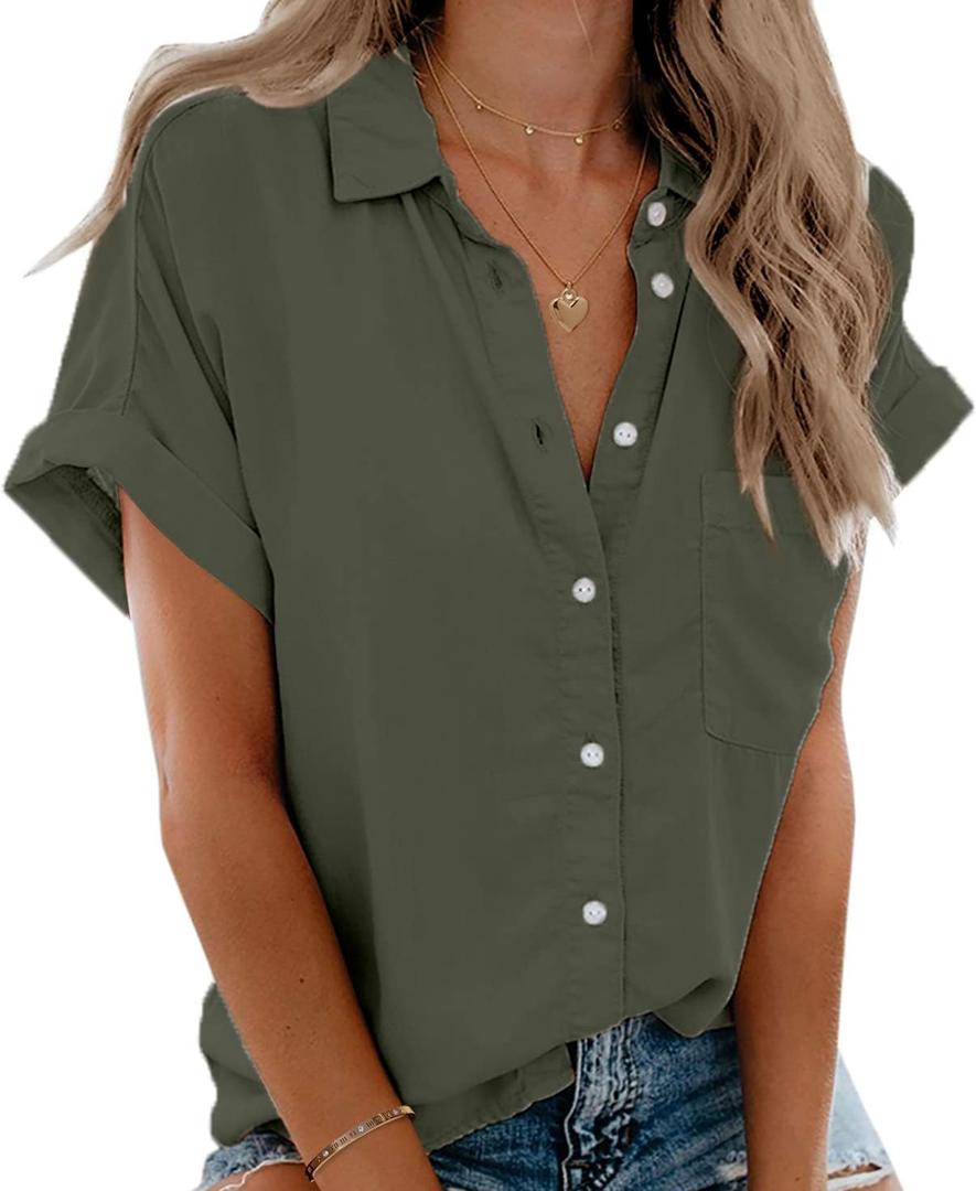 Beautife Womens Short Sleeve Shirts V Neck Collared Button Down Shirt Tops with Pockets (Large, Army Green)