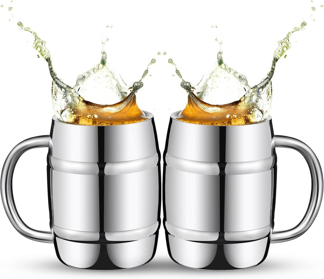 2 Pcs 304 Stainless Steel Barrels Mugs 15 oz Double Wall Coffee Cup Beer Stein Cup with Handle for Party Travel Tumbler Tea Insulated Cold Hot Drinks