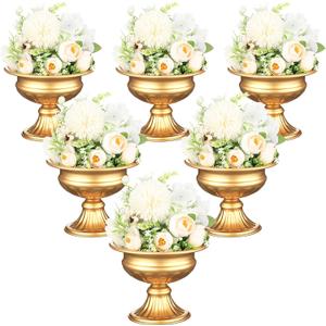 6 Pieces Mini Sized Metal Urn Planter Wedding Centerpieces Vase Gold Flower Vase Compote Vase Pedestal Vase 4.72 Inch Tall Home Flower Stand Small Plant Pots for Birthday Anniversary Ceremony