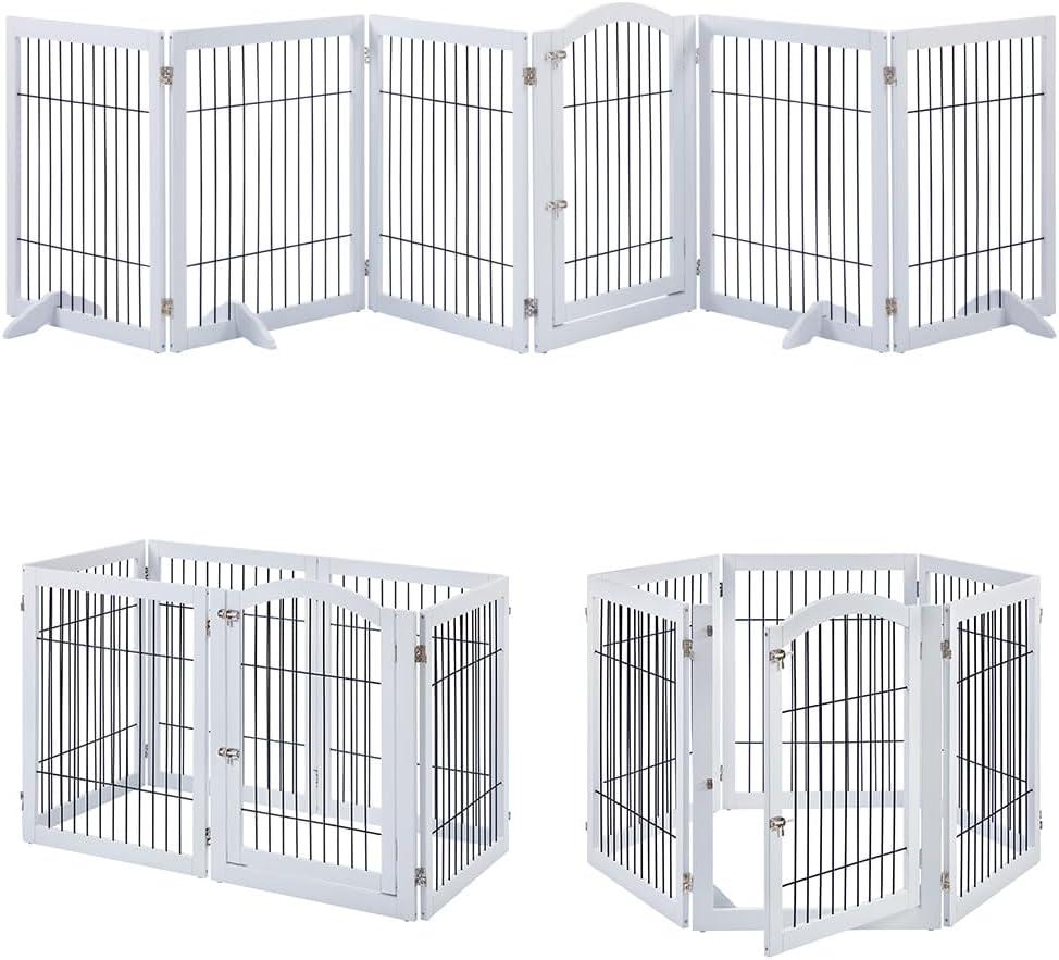 unipaws 144" Extra Wide Dog Gate and Pet Playpen, Free Standing Tall Dog Fence with Walk Through Door, Barriers for Home, Use as Indoor Dogs Cats Pen, Rabbit Pen, White