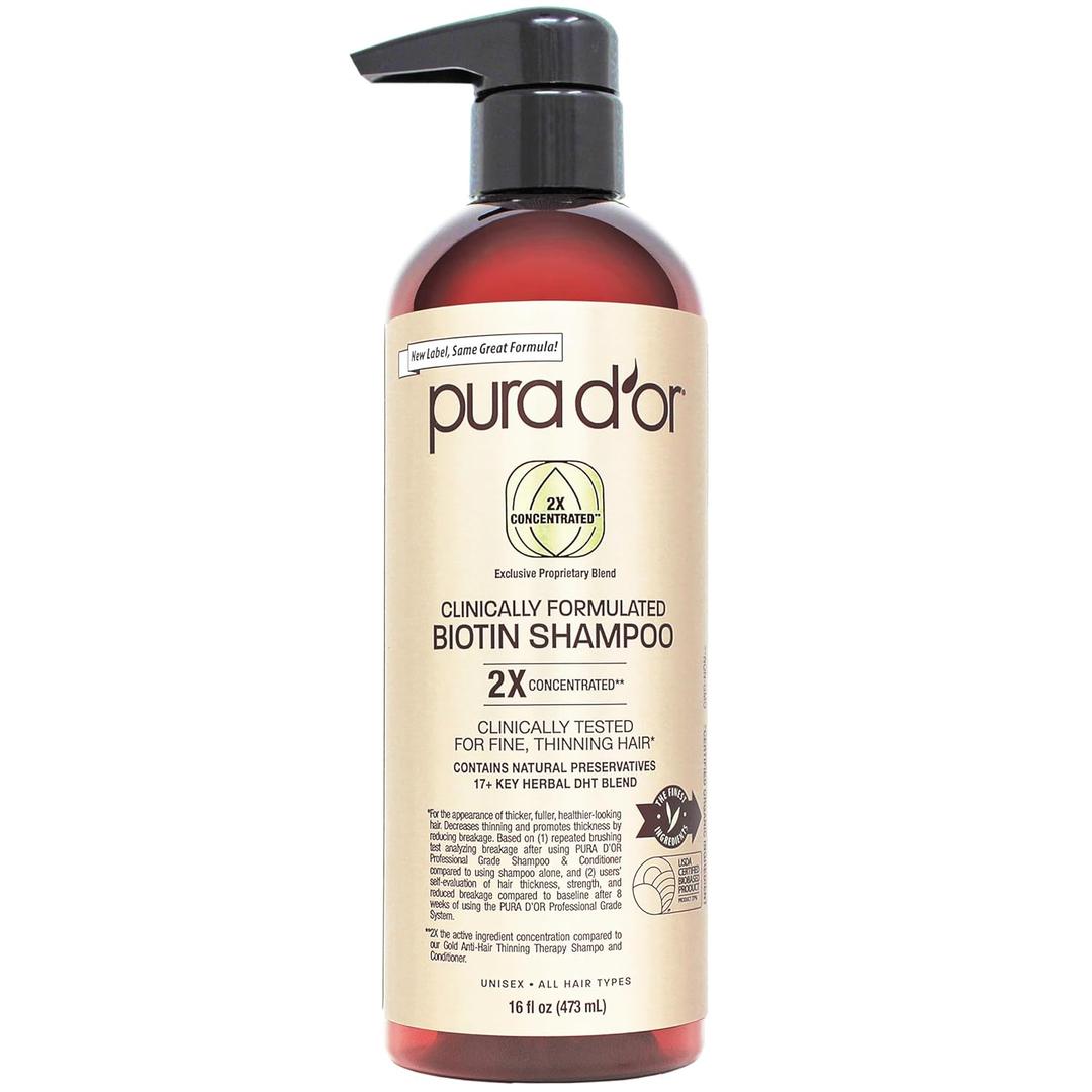 PURA D'OR 16 Oz Clinically Formulated Biotin Shampoo - Daily Hair Care Routine For Thinning Hair - 2X Concentrated 17+ Key Herbal Blend Hair Thickening Products For Women & Men