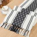 Rustic Table Runner with Tassels, Black and White Bicolor Woven, Washable, 14"x90", Perfect for Entryway, Dining Room, Kitchen, Weddings, Holidays, and Party Decor