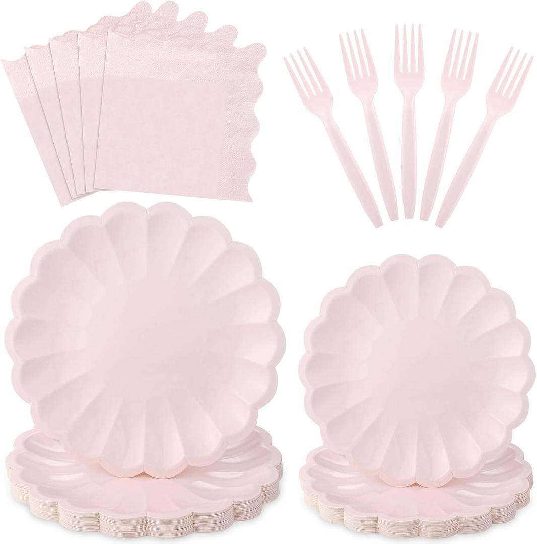 96 Pcs Pink Paper Plates and Napkins Easter Party Supplies Serve 24 Guests Include Light Pink Scalloped Plates Napkins Plastic Forks for Baby Bridal Shower Wedding Mother's Day Birthday