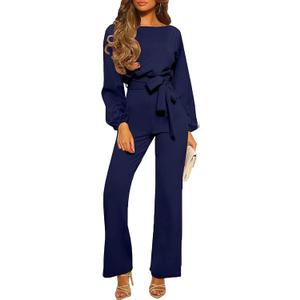 Women's Dressy Jumpsuit Fall One Piece Long Sleeve Belt Pockets Wide Leg Pants Romper Business Casual Outfits (XXL)