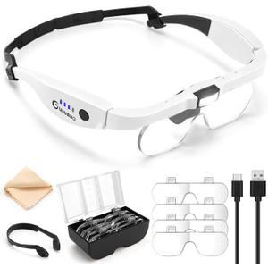 Magnifying Glass with Light, 1.5X-5.0X Magnifying Glasses, Rechargeable Magnifier Headset with Light, Head Magnifier with 4 Detachable Lenses, Magnify Glasses for Close Work Crafts Jewelry