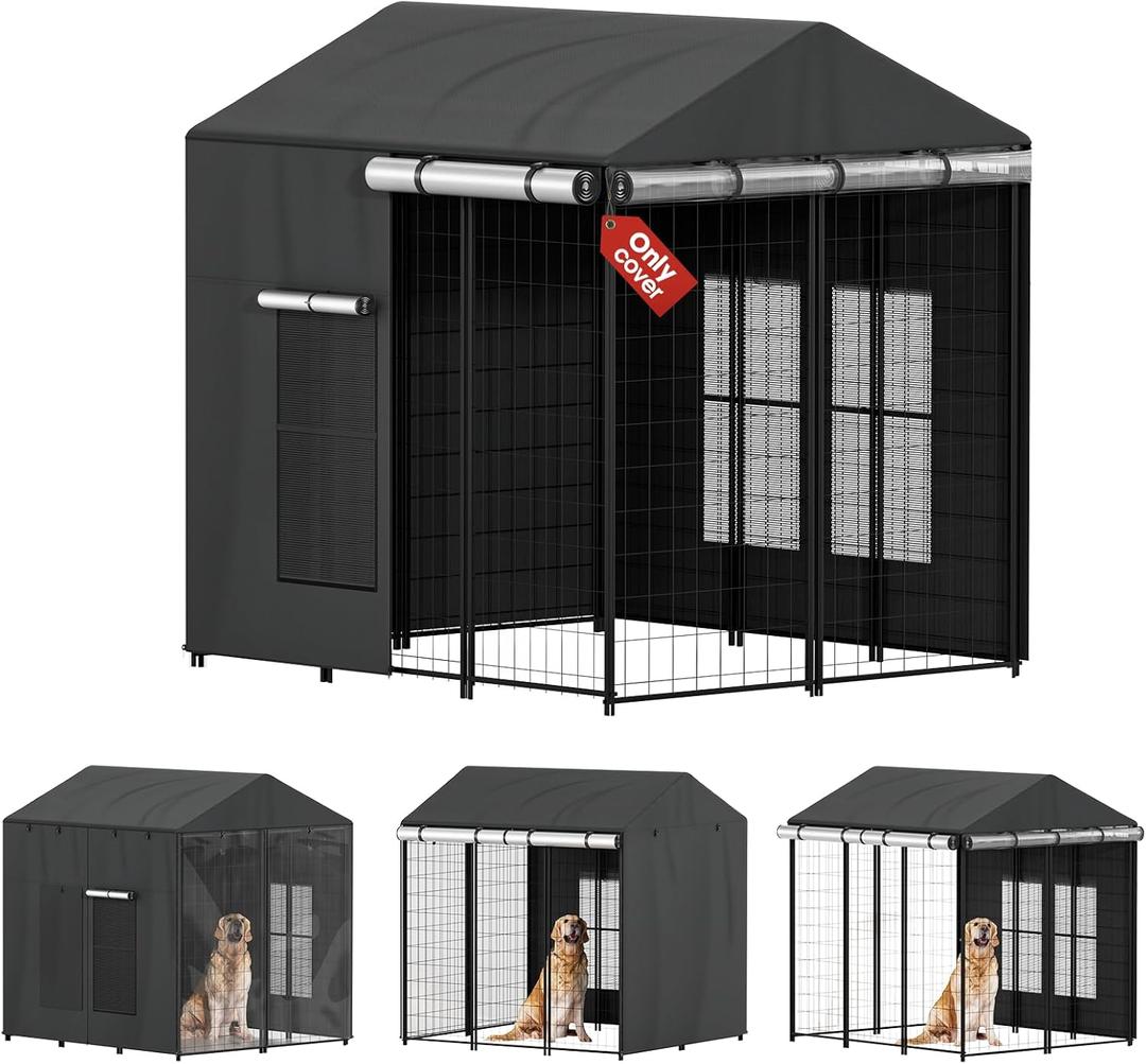 Outdoor 4.2'D x 4.2'W x 4.5'H Dog Kennel Cover Full Coverage, 1200D Heavy Duty Waterproof Creat Covers with Mesh Window, Enclosure Covers for Outside Dog Kennel, Black, (Only Cover)