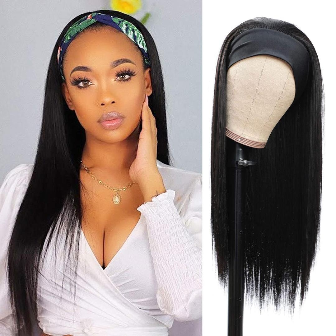 G&T Headband Wig for Women Black Straight Synthetic Headband Wig Glueless Heat Resistant Natutal Looking for Daily Party Use 24 Inch (1B)