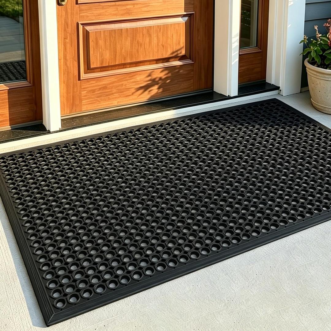 Outdoor Rubber Mat with Drainage, 4.9 X 2.9 Ft Black Anti-Slip Outdoor Door Mat for Floor, Outside, Indoor, Kitchen, Entrance, Garage, Bar and Wet Area