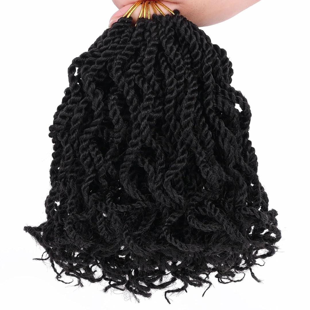 Leeven 6 Inch Senegalese Twist Crochet Hair with Curly Ends, 8 Packs Black Pre Looped 2 Strand Short Twist Hair, Wavy Small Hanava Twist, Synthetic Crochet Braids for Women Girl Kids (#1B)