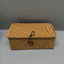 Wicker Storage Basket with Lid, Natural Seagrass Storage Baskets for Organizing, Rectangular Woven Basket for Storage, Decorative Boxes Bins with Lids Home Organizer Decor (9.05" x 5.11" x 3.34")