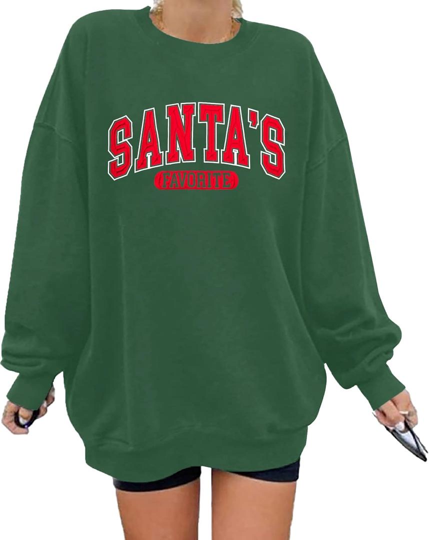 LUKYCILD Christmas Vibes Sweatshirt Women Merry Christmas Shirt Xmas Long Sleeve Shirt Winter Holiday Sweatshirts (Medium, Green2-santa)