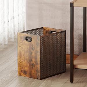 Retro Office Trash Can, Iron and Wood Combination Bedroom Garbage Can, Rectangular Design Wastebasket with Handle, Industrial Style Trash Can for Home Office, 4.5 Gallon (Patent Pending) (1PC Retro color)