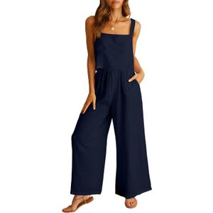 Prinbara Women's 2 Piece Outfits Lounge Sets Sleeveless Square Neck Linen Tank Crop Top Wide Leg Pants Matching Sets (Large, Navy Blue)
