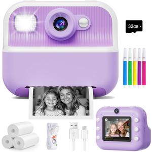Instant Camera, Front Rear Dual Selfie Kids Camera with 1080P Videos, Holiday Birthday Gifts for Kids Age 3-12, Toddler Portable Travel Print Digital Camera Toy for 4 5 6 7 8 9 Year Boys Girls (Purple)
